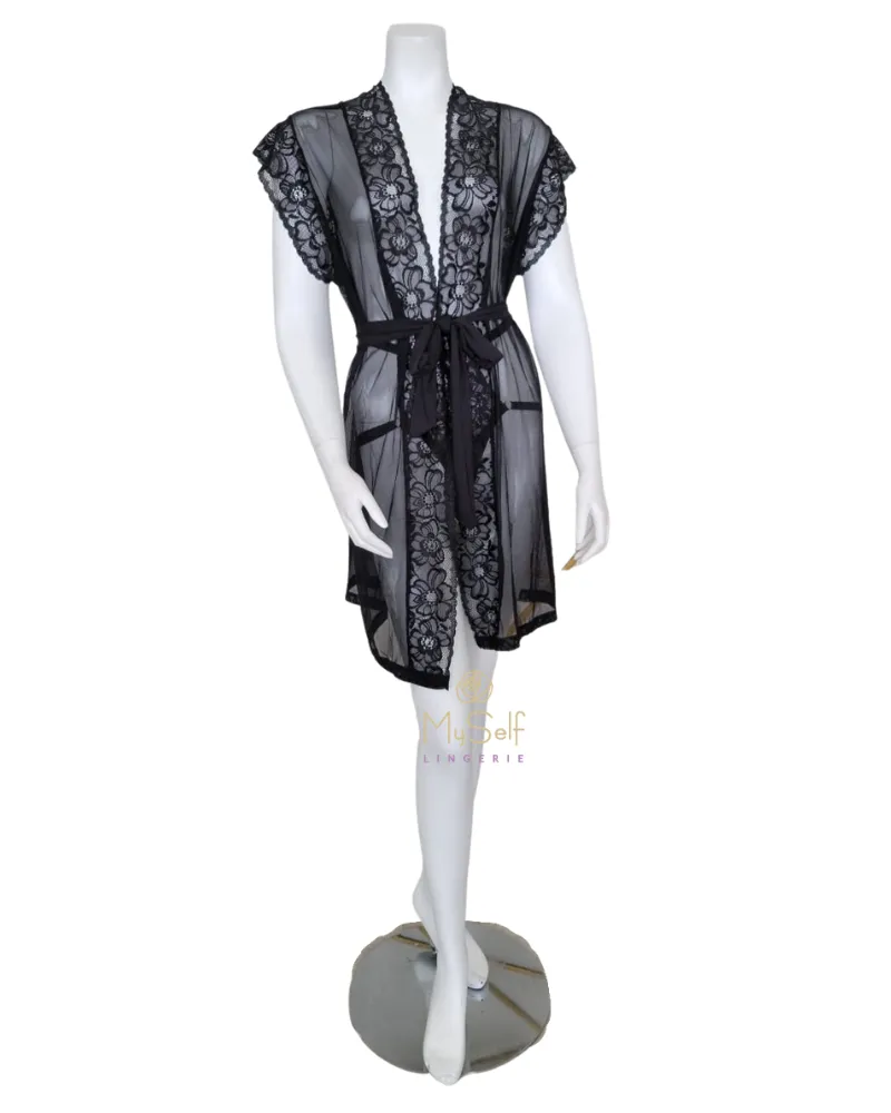 7348 Black Sheer Lace Wrap with Matching Thong