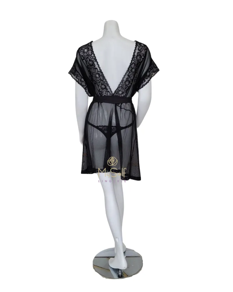 7348 Black Sheer Lace Wrap with Matching Thong