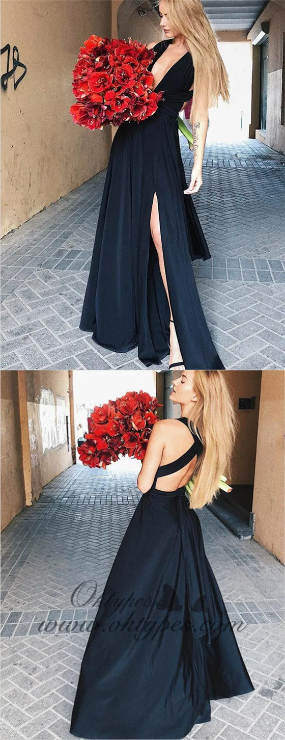 A-Line Deep V-Neck Open Back Long Black Prom Party Dresses with Split, TYP1286
