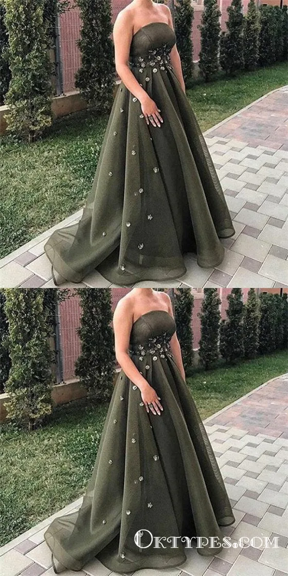 A-Line Strapless Backless Long Tulle Prom Dresses With Beading, TYP1678