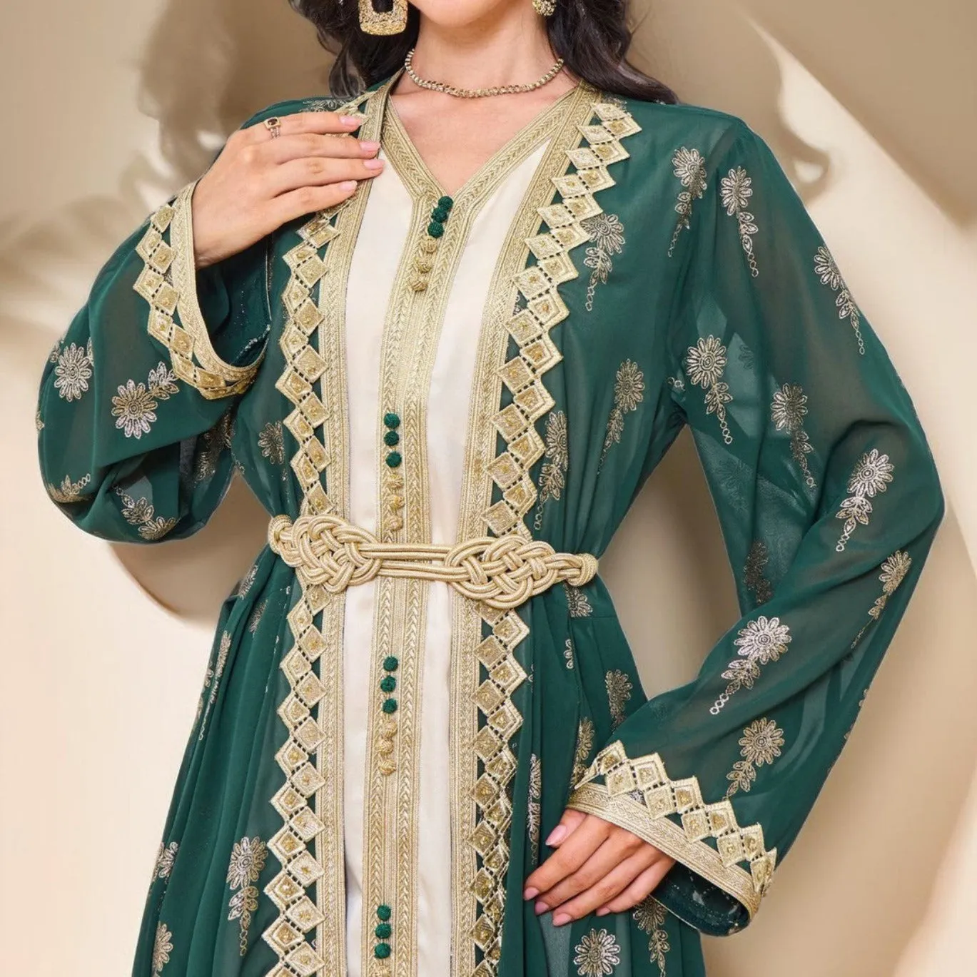 Algerian Style Embroidered Kaftan Plus Inner Vest and Belt