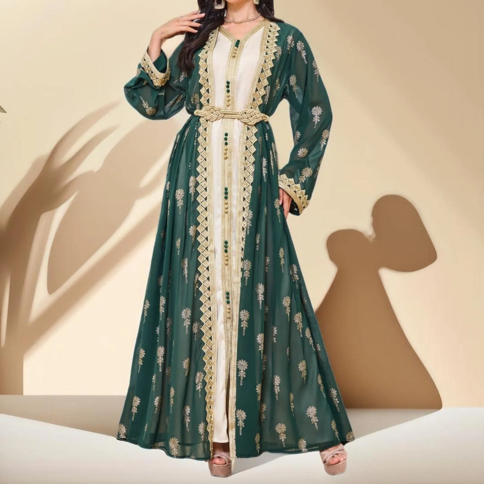 Algerian Style Embroidered Kaftan Plus Inner Vest and Belt