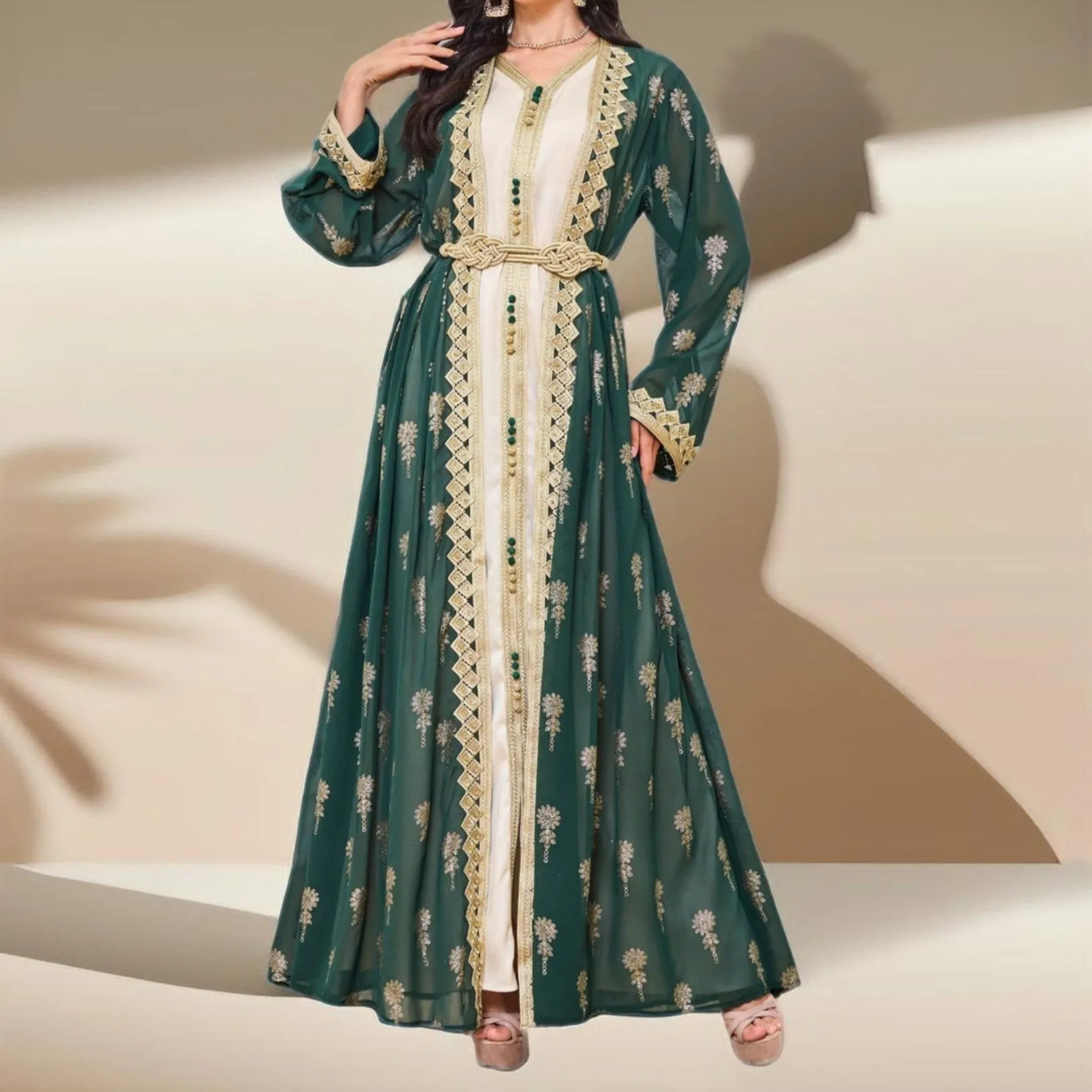 Algerian Style Embroidered Kaftan Plus Inner Vest and Belt