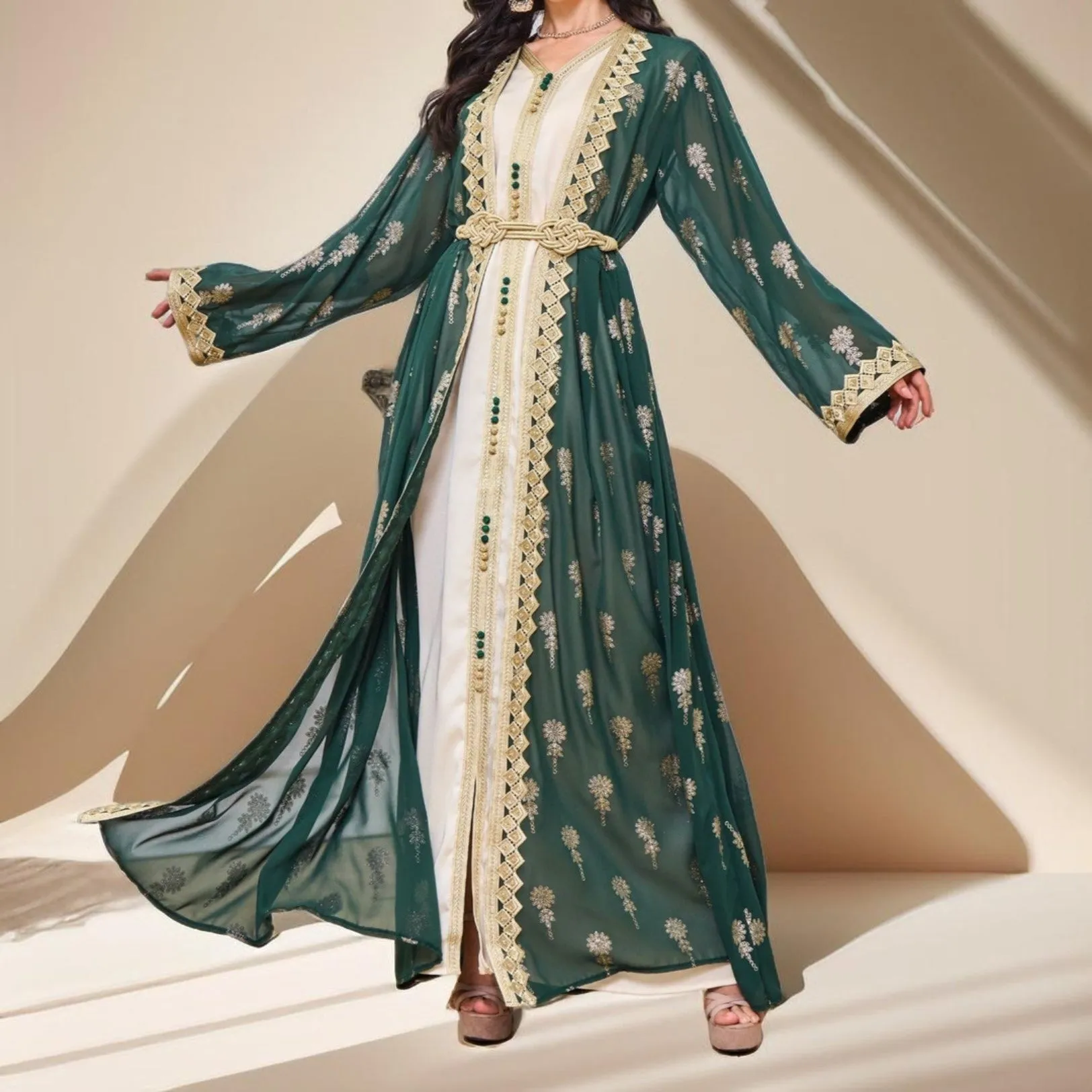 Algerian Style Embroidered Kaftan Plus Inner Vest and Belt