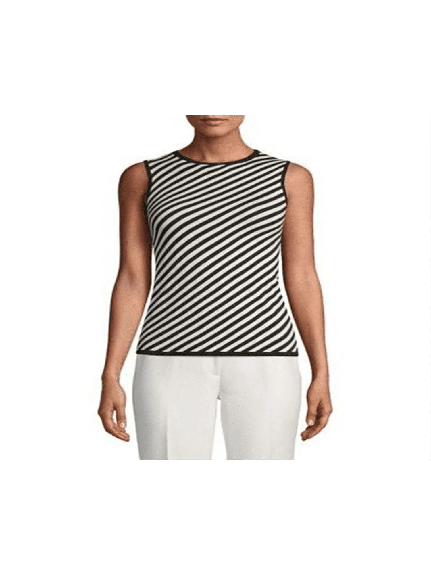 ANNE KLEIN Womens Black Striped Sleeveless Round Neck Wear To Work Tank Top