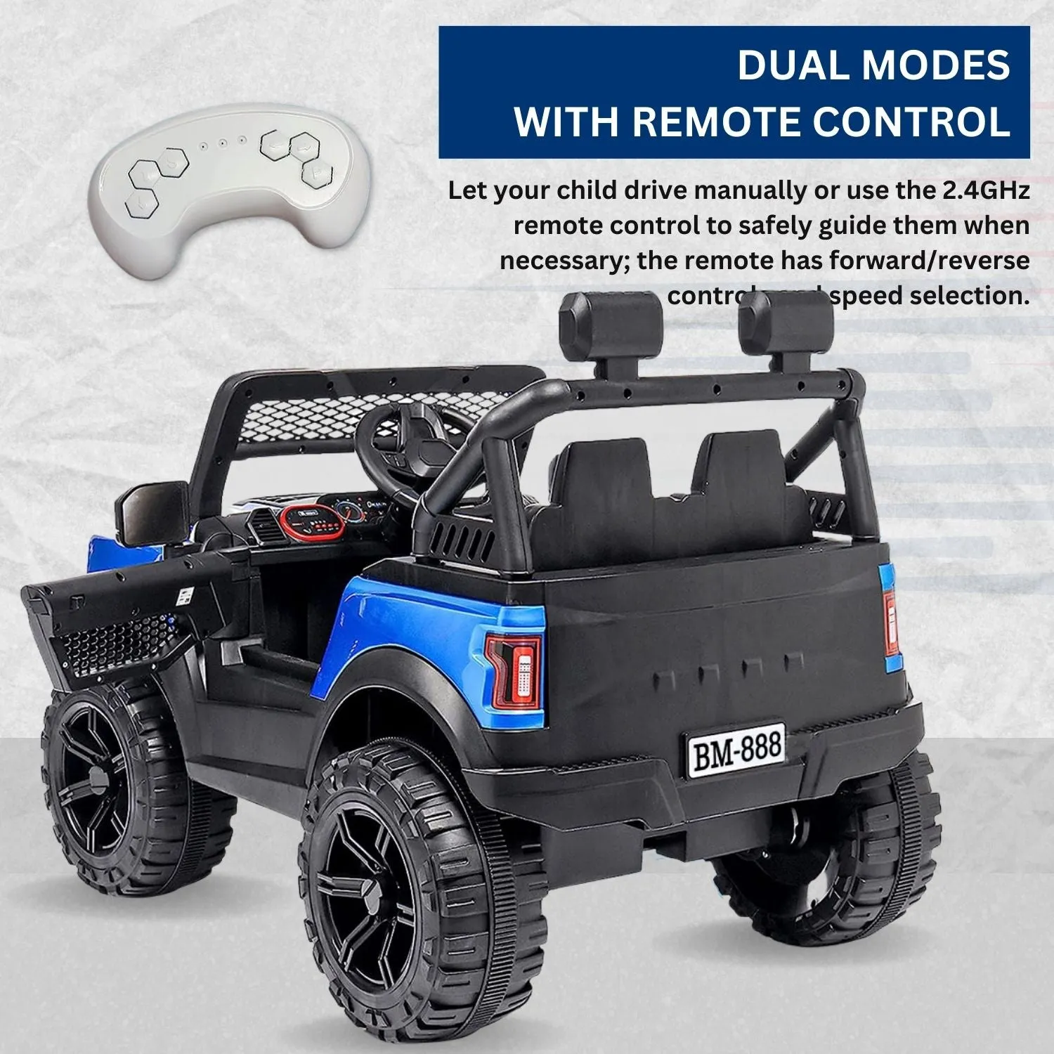 Baby Moo Pobo Electric Ride-On Car for Kids | Rechargeable Battery | Bluetooth Remote Control | USB MP3 Player | Double Seat | Age 2-6 - Blue