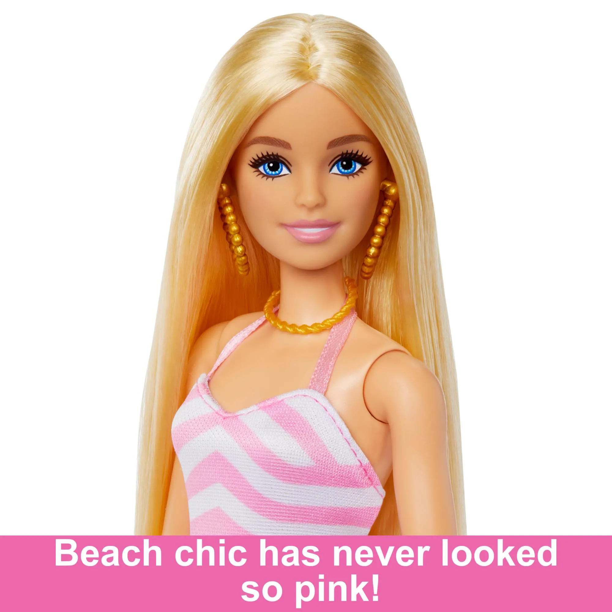 Barbie Doll, Malibu Barbie with Long Blonde Hair, Pink and White Swimsuit, Pink Sun Hat, Tote Bag, and Beach Themed Doll Accessories, Toys for Ages 3 and Up, One Doll, HPL73