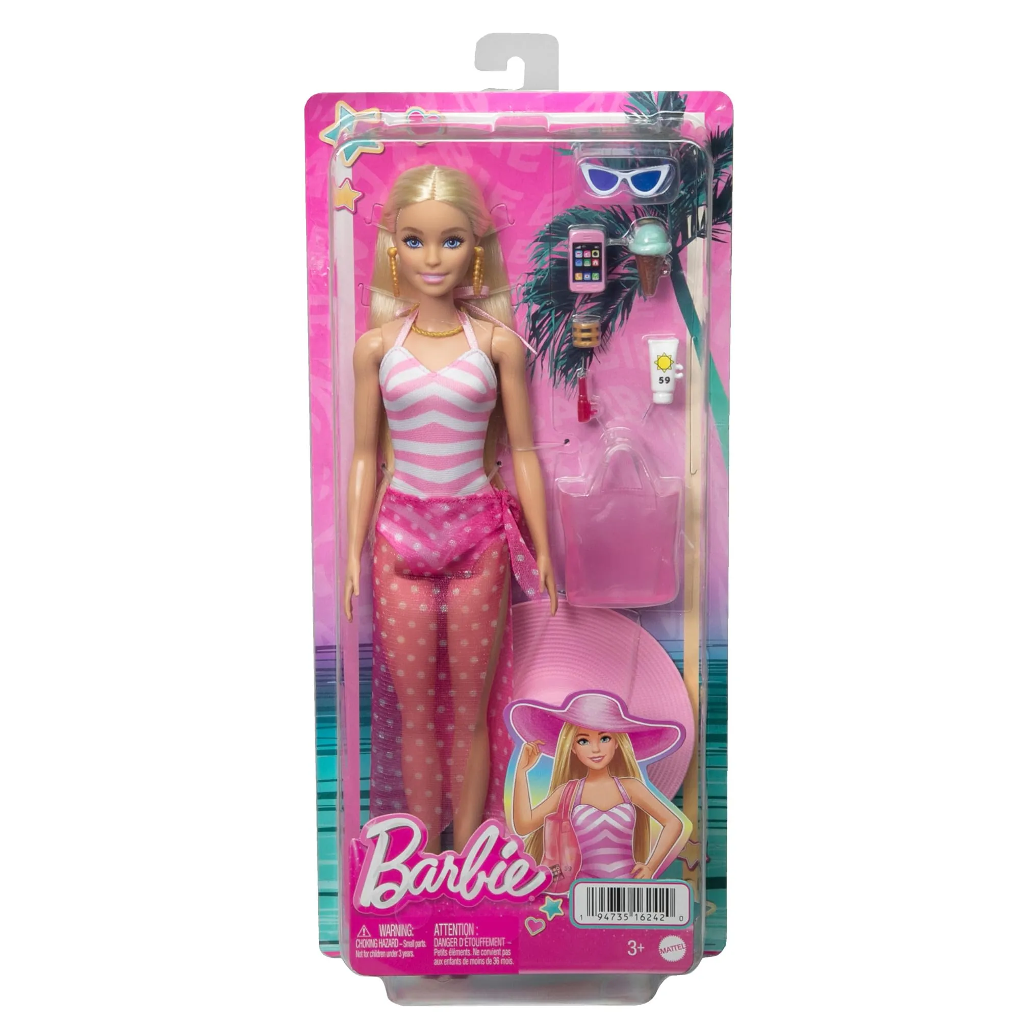 Barbie Doll, Malibu Barbie with Long Blonde Hair, Pink and White Swimsuit, Pink Sun Hat, Tote Bag, and Beach Themed Doll Accessories, Toys for Ages 3 and Up, One Doll, HPL73