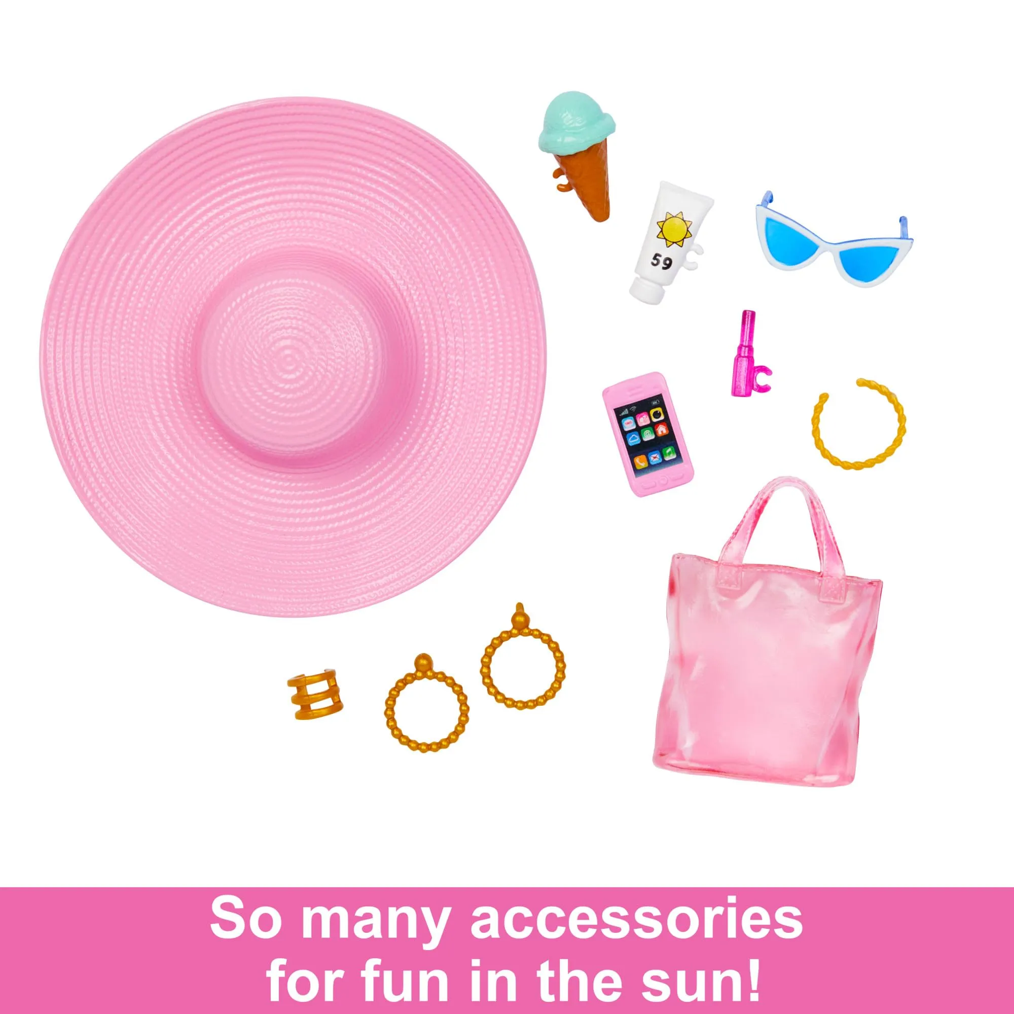 Barbie Doll, Malibu Barbie with Long Blonde Hair, Pink and White Swimsuit, Pink Sun Hat, Tote Bag, and Beach Themed Doll Accessories, Toys for Ages 3 and Up, One Doll, HPL73