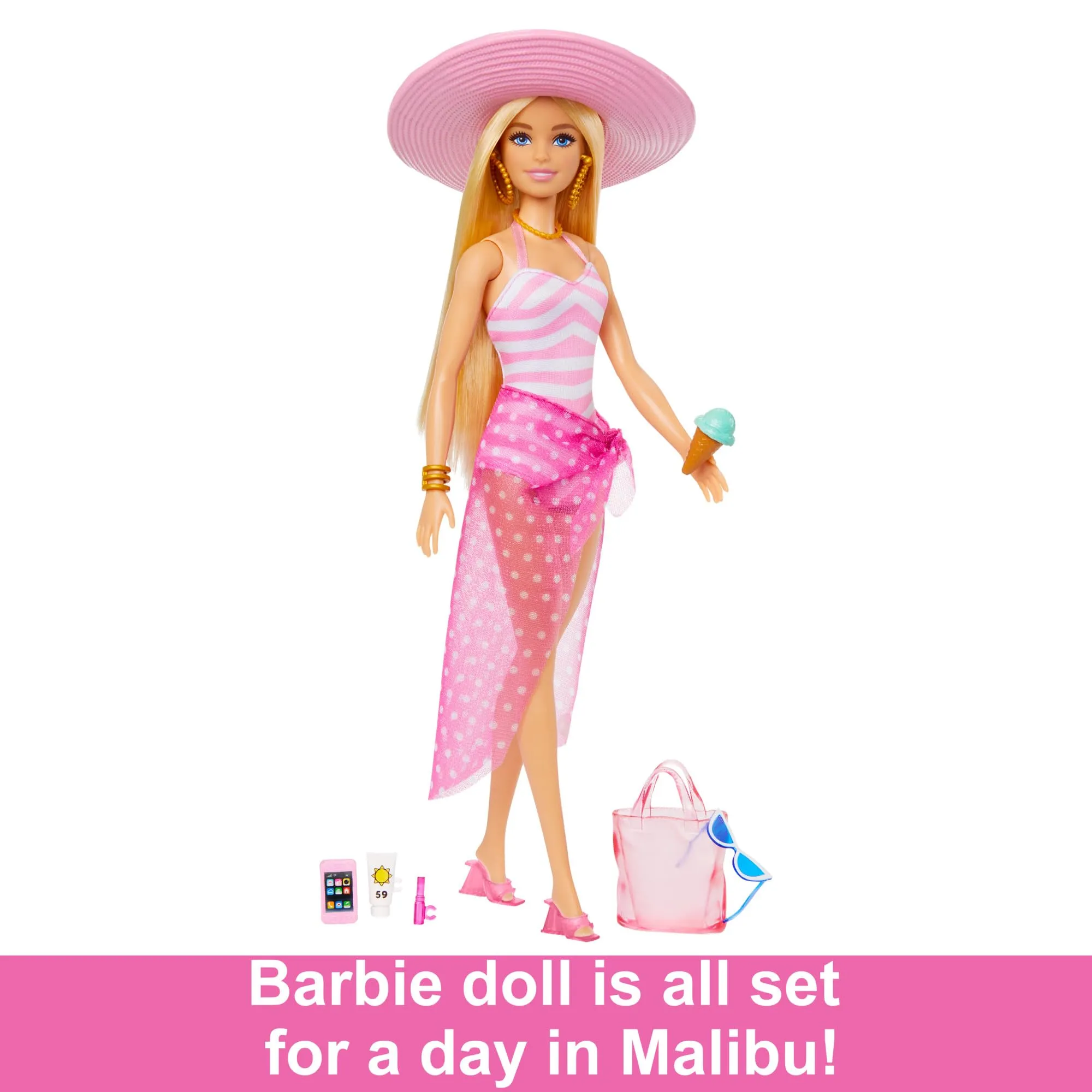 Barbie Doll, Malibu Barbie with Long Blonde Hair, Pink and White Swimsuit, Pink Sun Hat, Tote Bag, and Beach Themed Doll Accessories, Toys for Ages 3 and Up, One Doll, HPL73