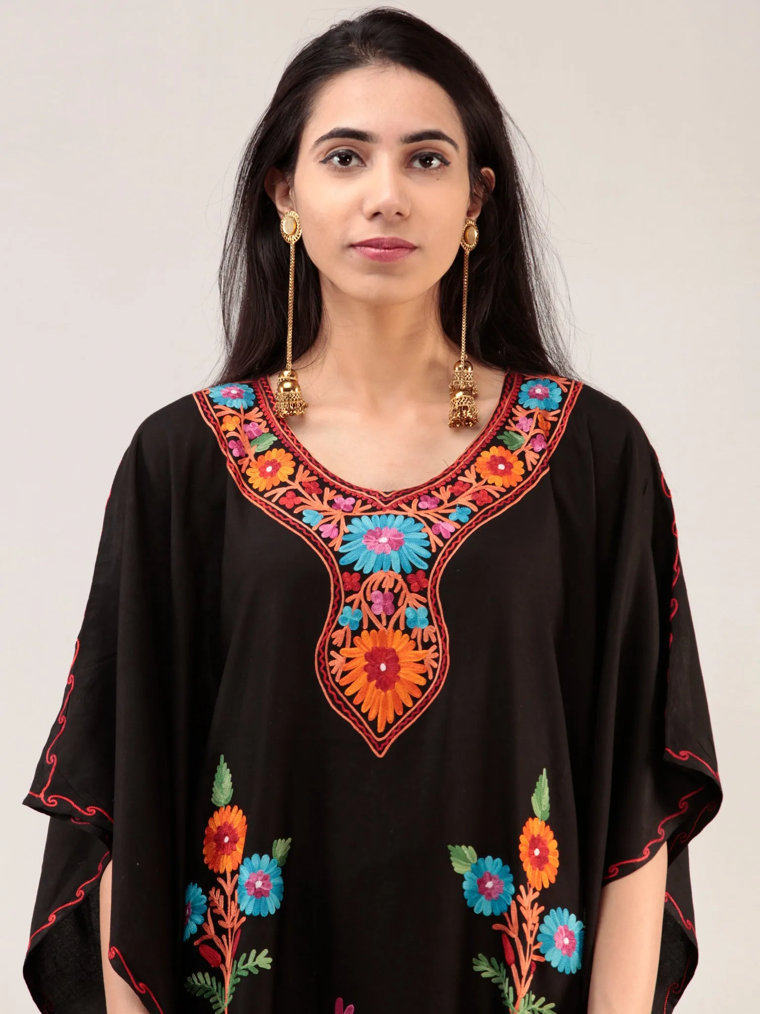 Black Aari Embroidered Kashmere Free Size Kaftan  - K12K029