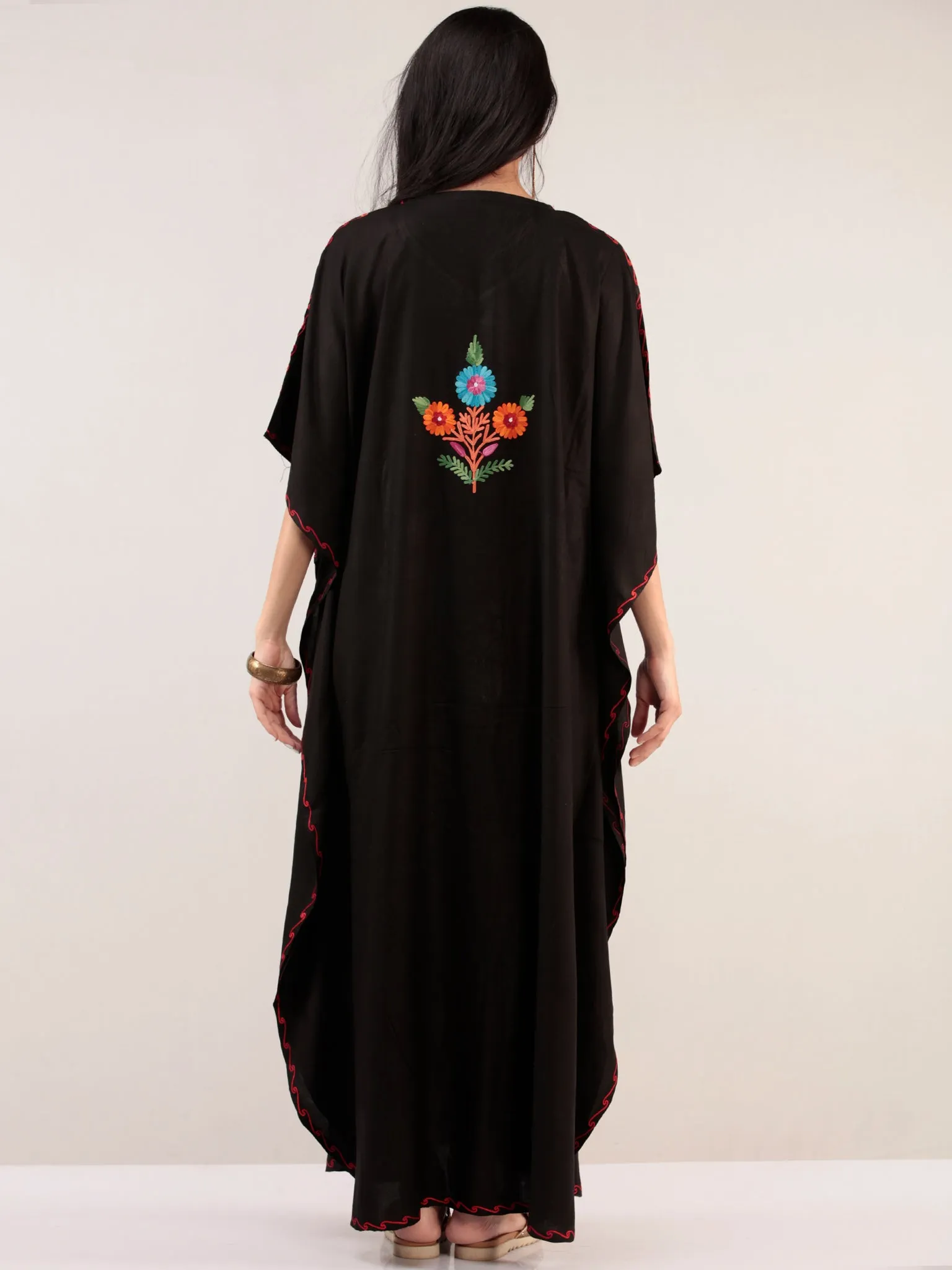 Black Aari Embroidered Kashmere Free Size Kaftan  - K12K029