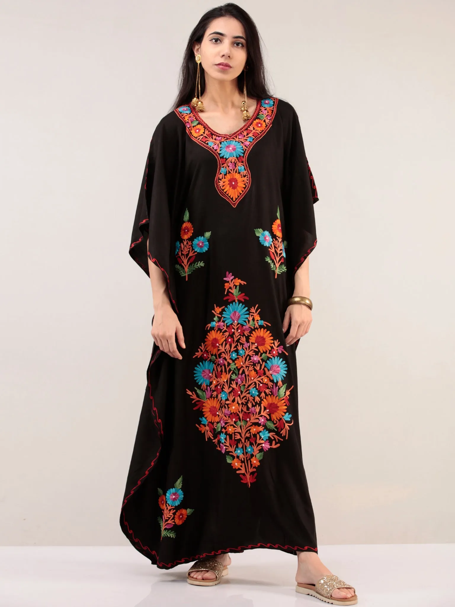 Black Aari Embroidered Kashmere Free Size Kaftan  - K12K029
