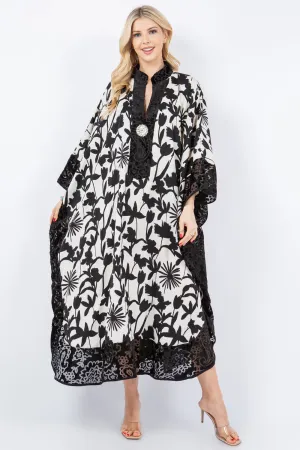 Black & White Kaftan w/ Black Velvet Details