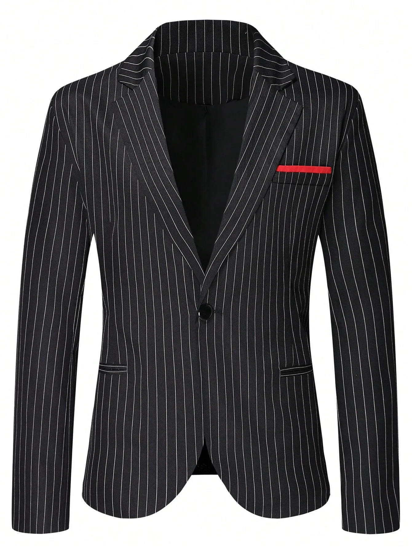 Black Striped Print Single Button Lapel Neck Blazer