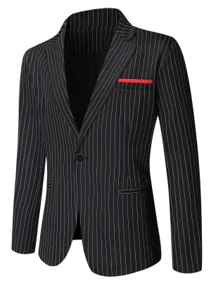 Black Striped Print Single Button Lapel Neck Blazer