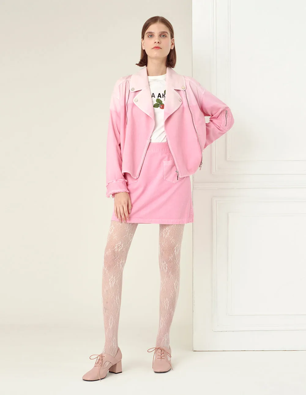 BORA AKSU Ombre Pink Frayed Denim Biker Jacket
