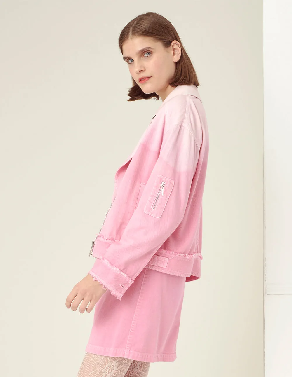BORA AKSU Ombre Pink Frayed Denim Biker Jacket