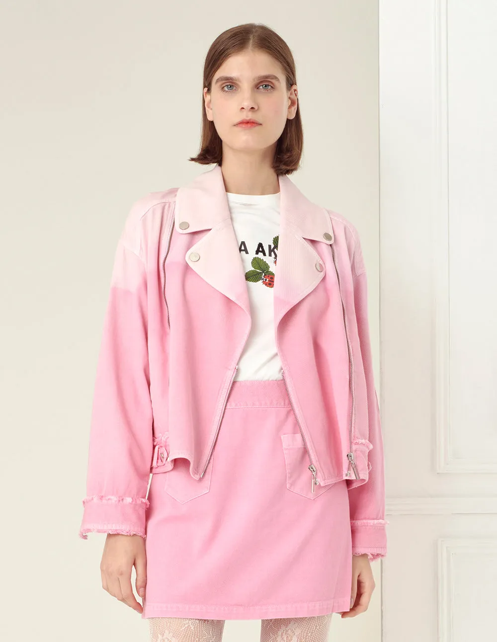 BORA AKSU Ombre Pink Frayed Denim Biker Jacket