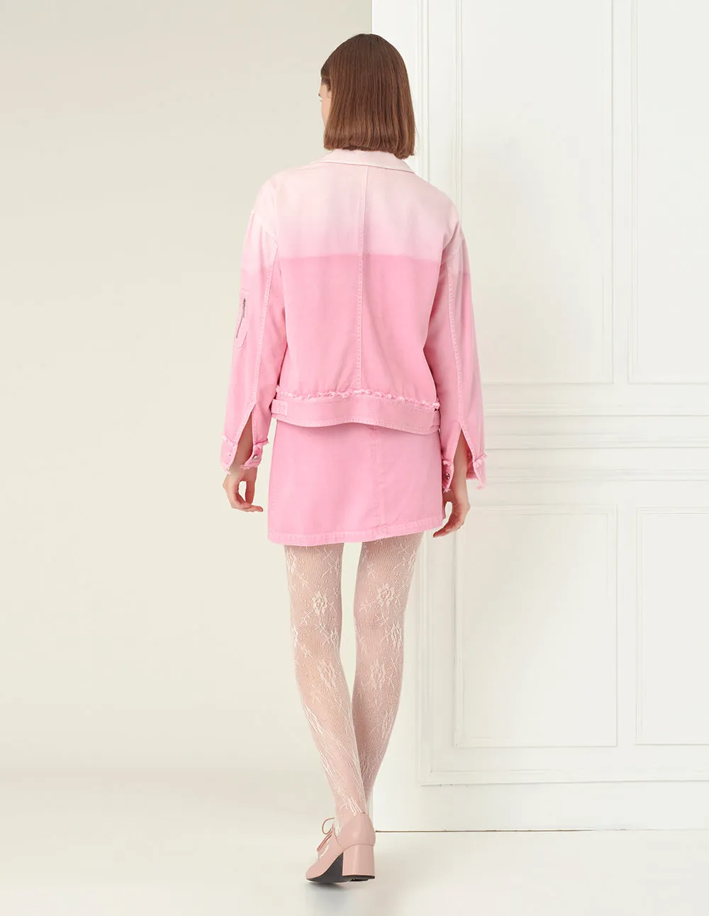 BORA AKSU Ombre Pink Frayed Denim Biker Jacket