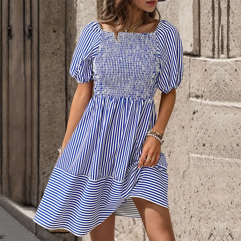 Chic Women's Navy Striped A-Line Dress with Square Collar