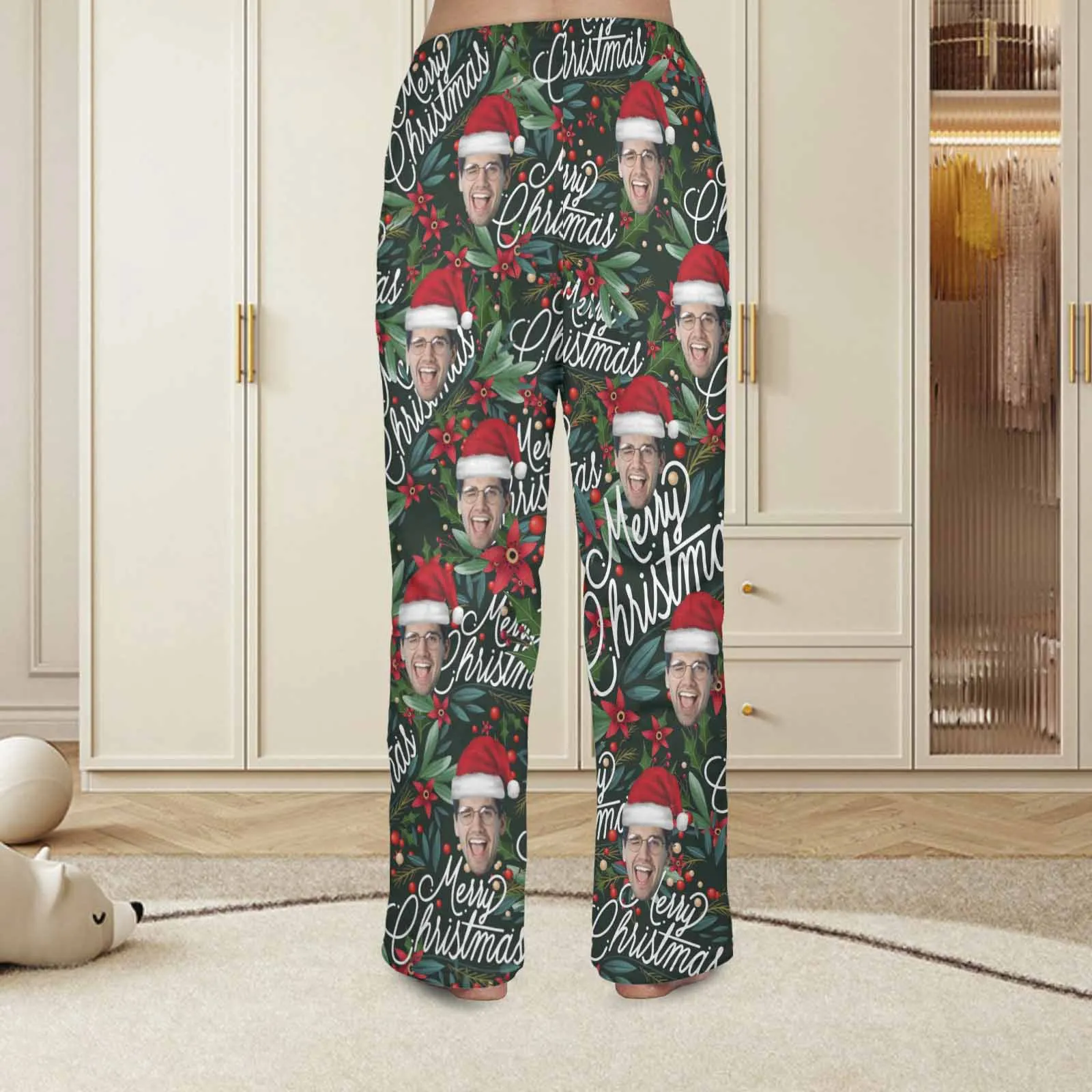Coral Fleece Pajama Trousers-Custom Face Christmas Red Beans Print Warm and Comfortable Sleepwear Long Pajama Pants For Men Women