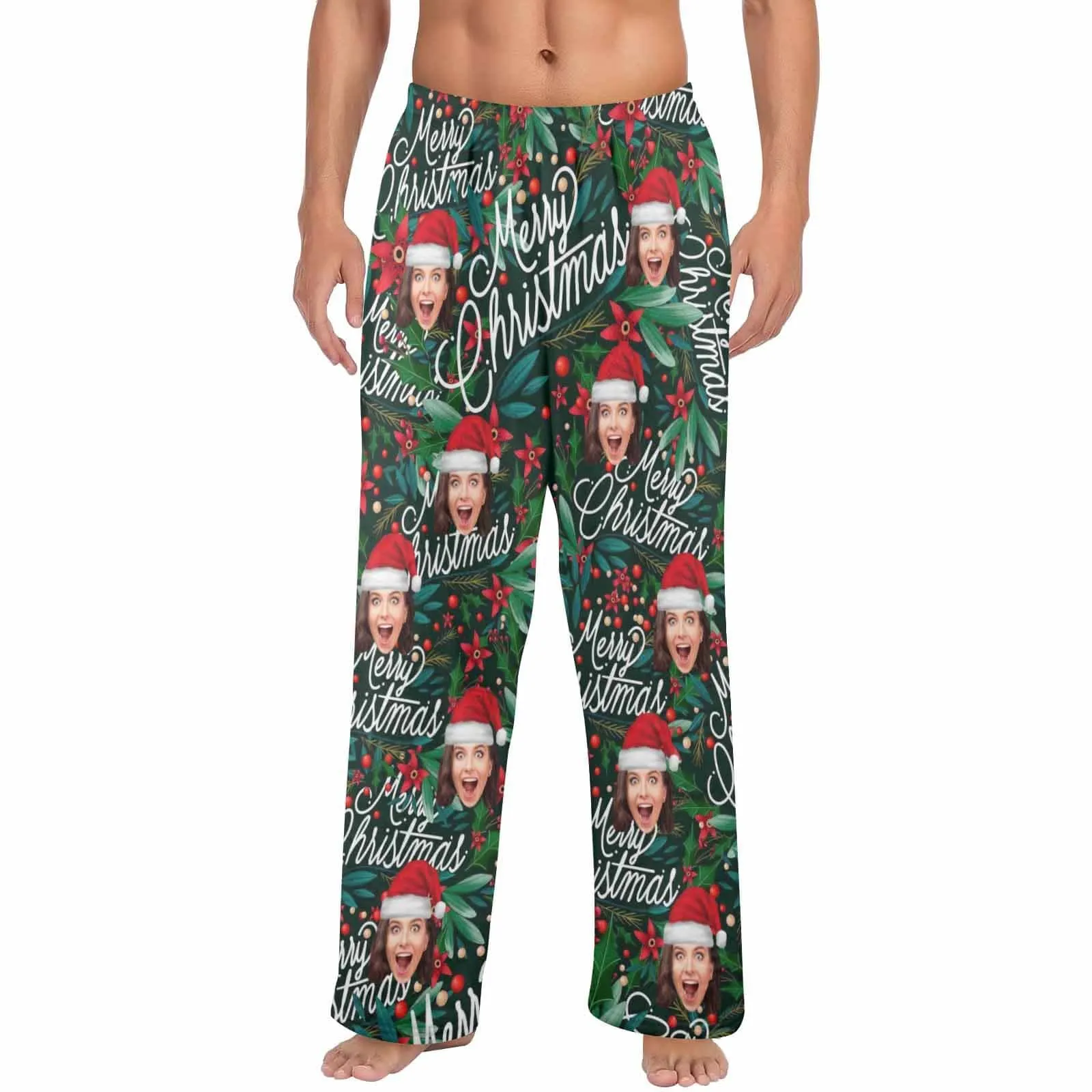 Coral Fleece Pajama Trousers-Custom Face Christmas Red Beans Print Warm and Comfortable Sleepwear Long Pajama Pants For Men Women