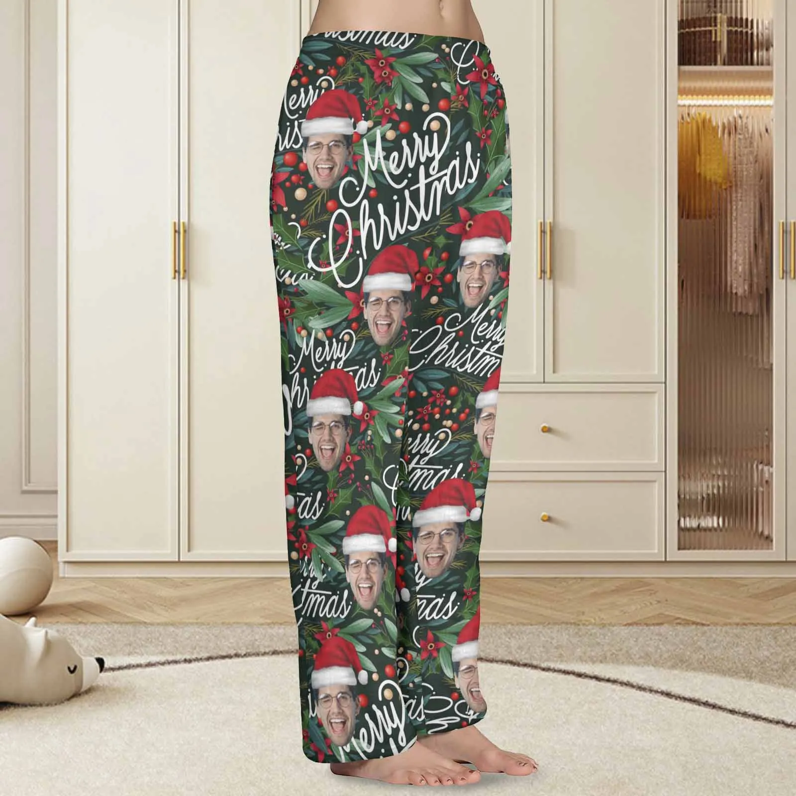 Coral Fleece Pajama Trousers-Custom Face Christmas Red Beans Print Warm and Comfortable Sleepwear Long Pajama Pants For Men Women