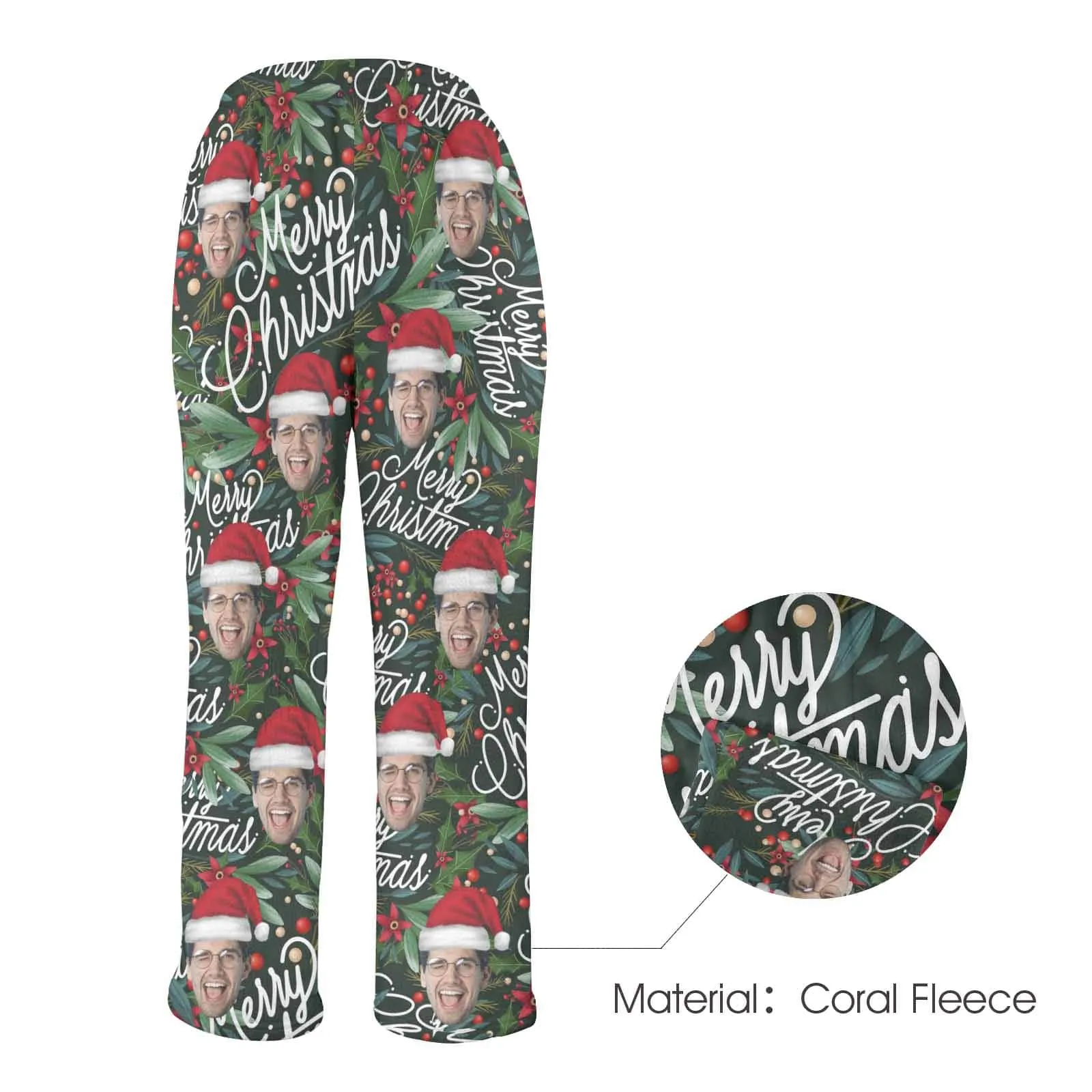 Coral Fleece Pajama Trousers-Custom Face Christmas Red Beans Print Warm and Comfortable Sleepwear Long Pajama Pants For Men Women