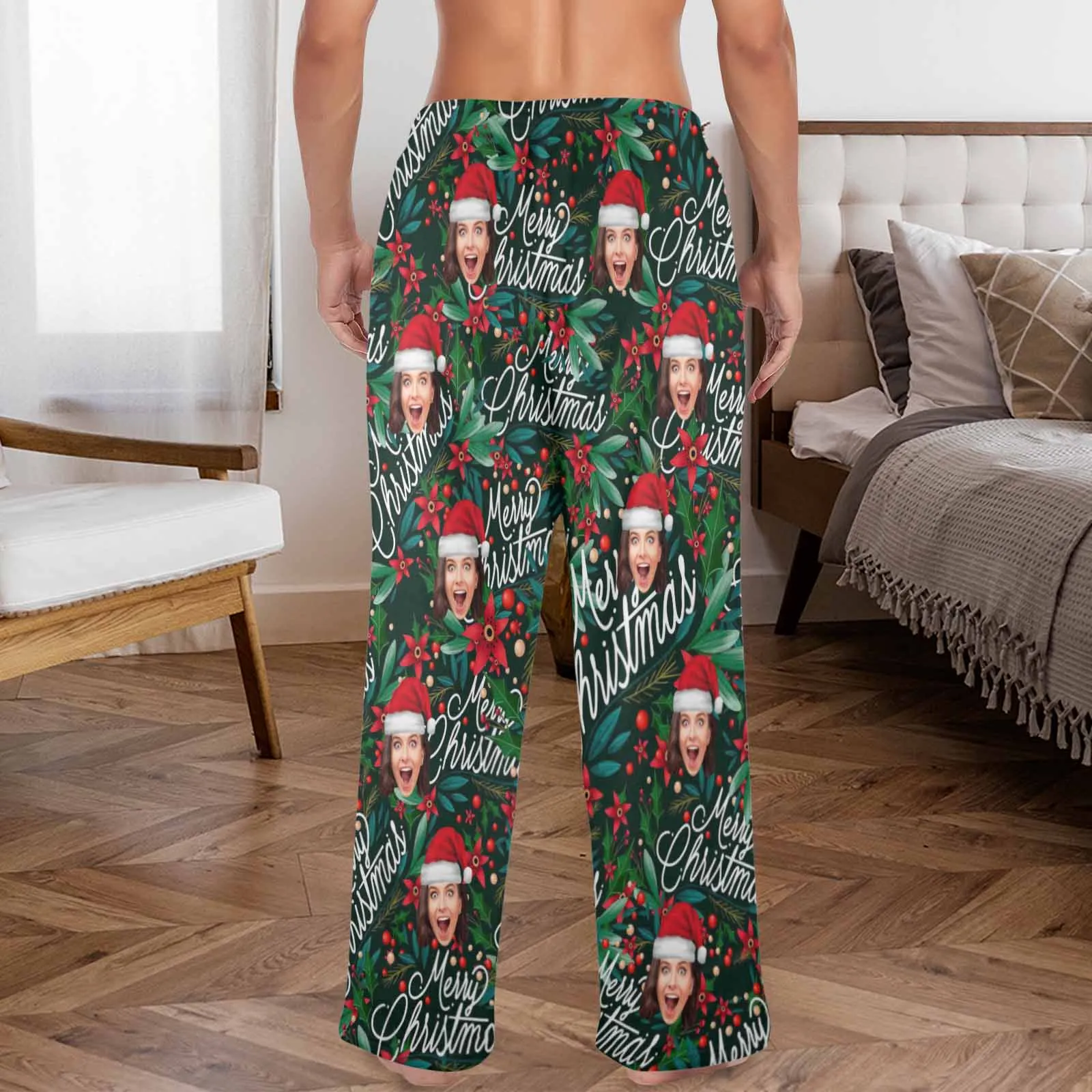 Coral Fleece Pajama Trousers-Custom Face Christmas Red Beans Print Warm and Comfortable Sleepwear Long Pajama Pants For Men Women