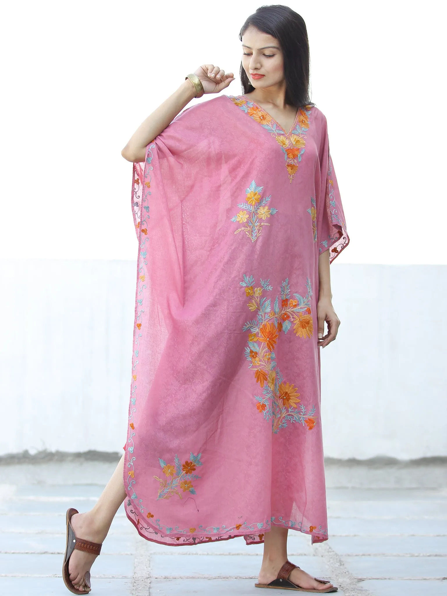 Coral Pink Sky Blue Aari Embroidered Kashmere Free Size Kaftan in Crushed Cotton - K11K064