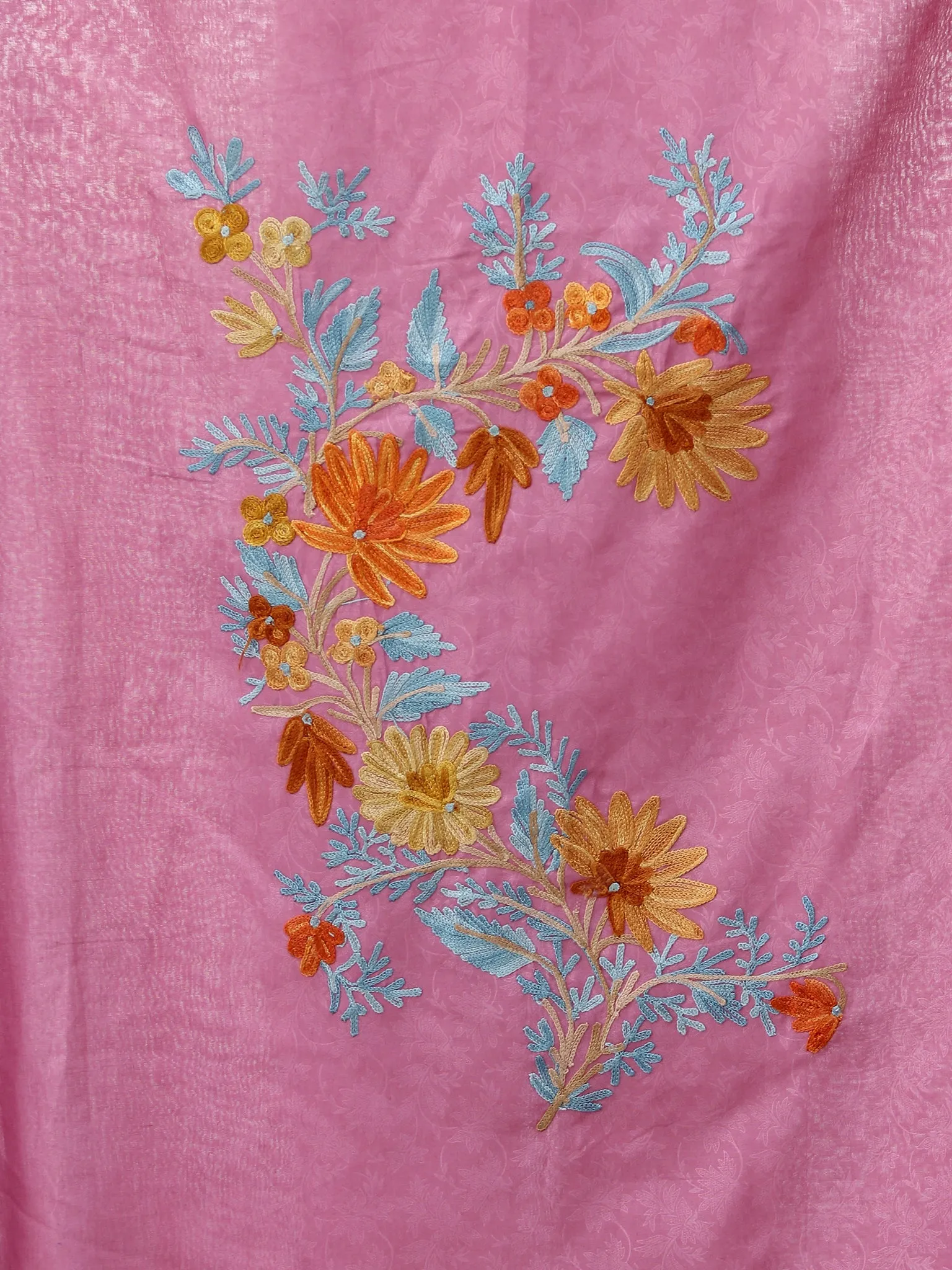 Coral Pink Sky Blue Aari Embroidered Kashmere Free Size Kaftan in Crushed Cotton - K11K064