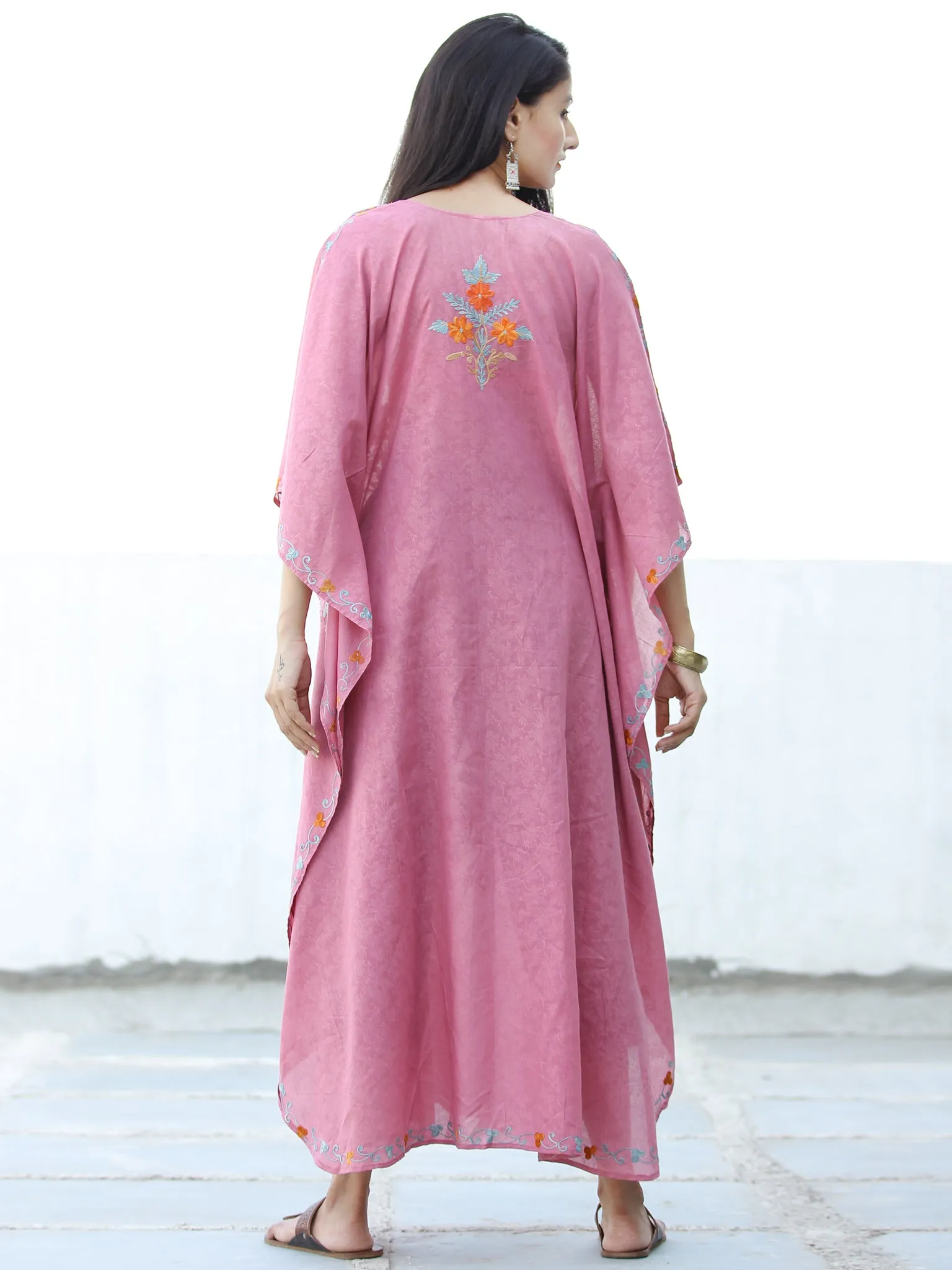 Coral Pink Sky Blue Aari Embroidered Kashmere Free Size Kaftan in Crushed Cotton - K11K064