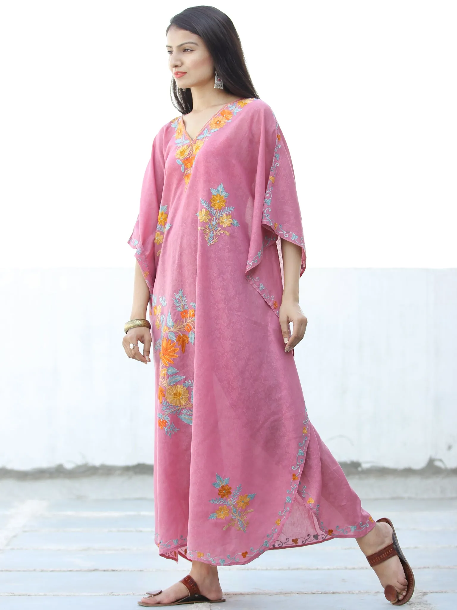 Coral Pink Sky Blue Aari Embroidered Kashmere Free Size Kaftan in Crushed Cotton - K11K064