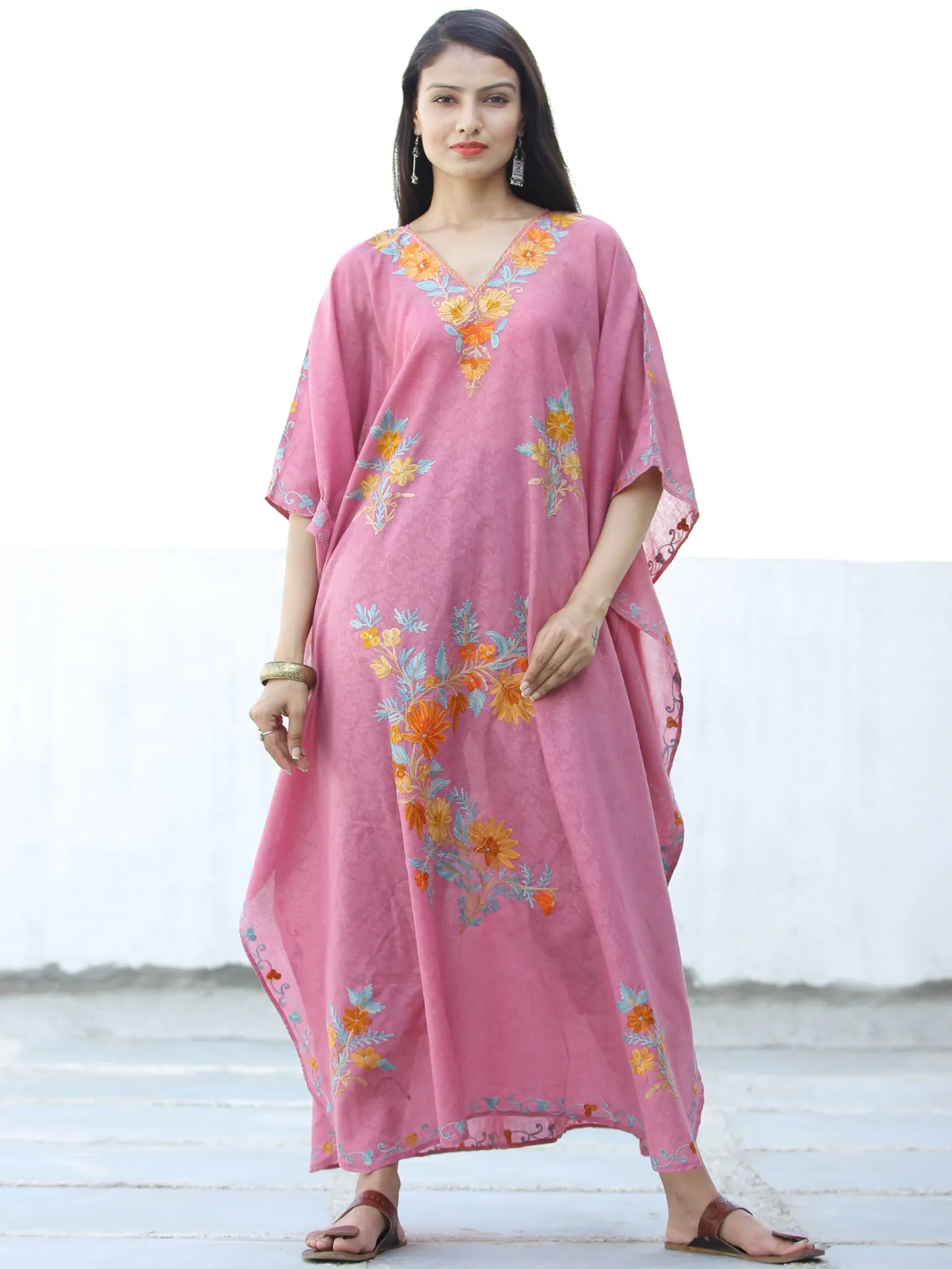 Coral Pink Sky Blue Aari Embroidered Kashmere Free Size Kaftan in Crushed Cotton - K11K064