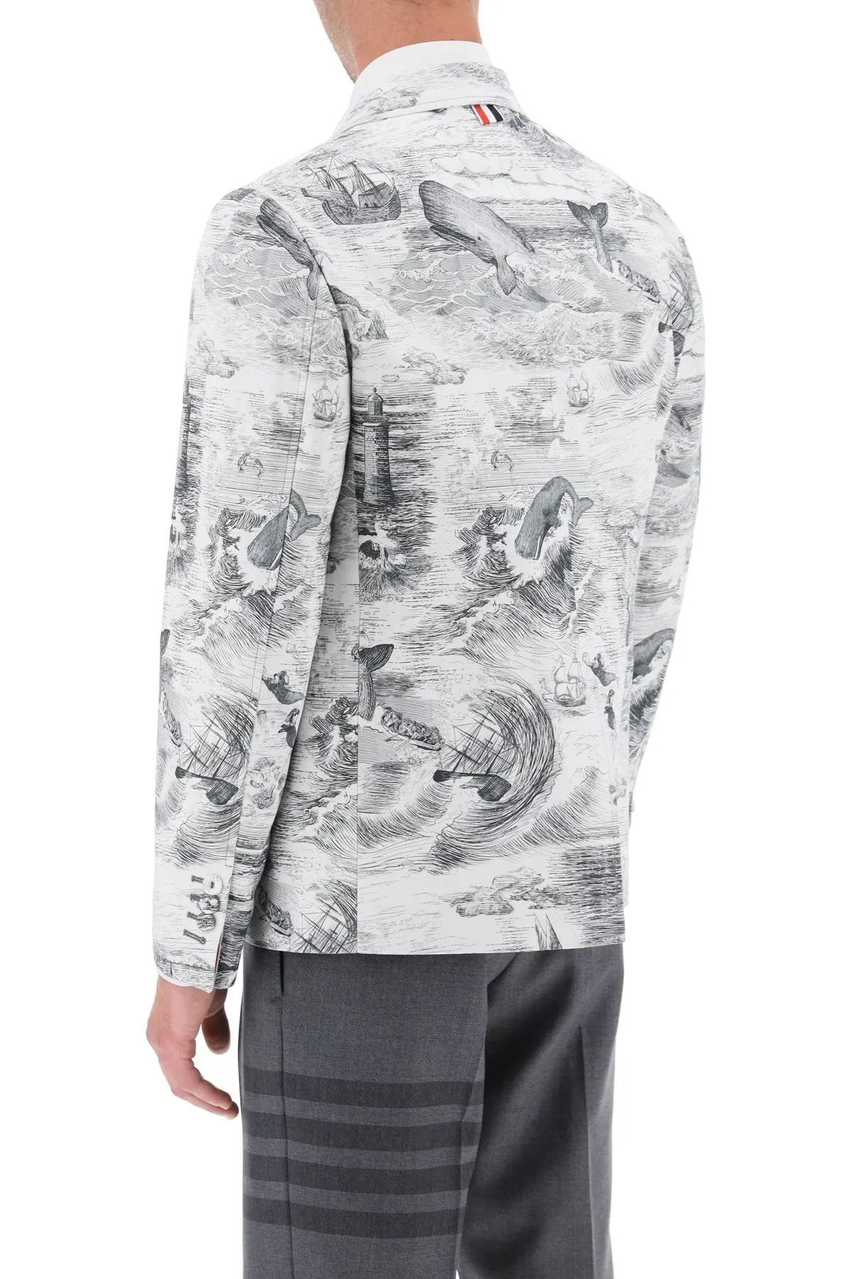 deconstructed single-breasted jacket with nautical toile motif