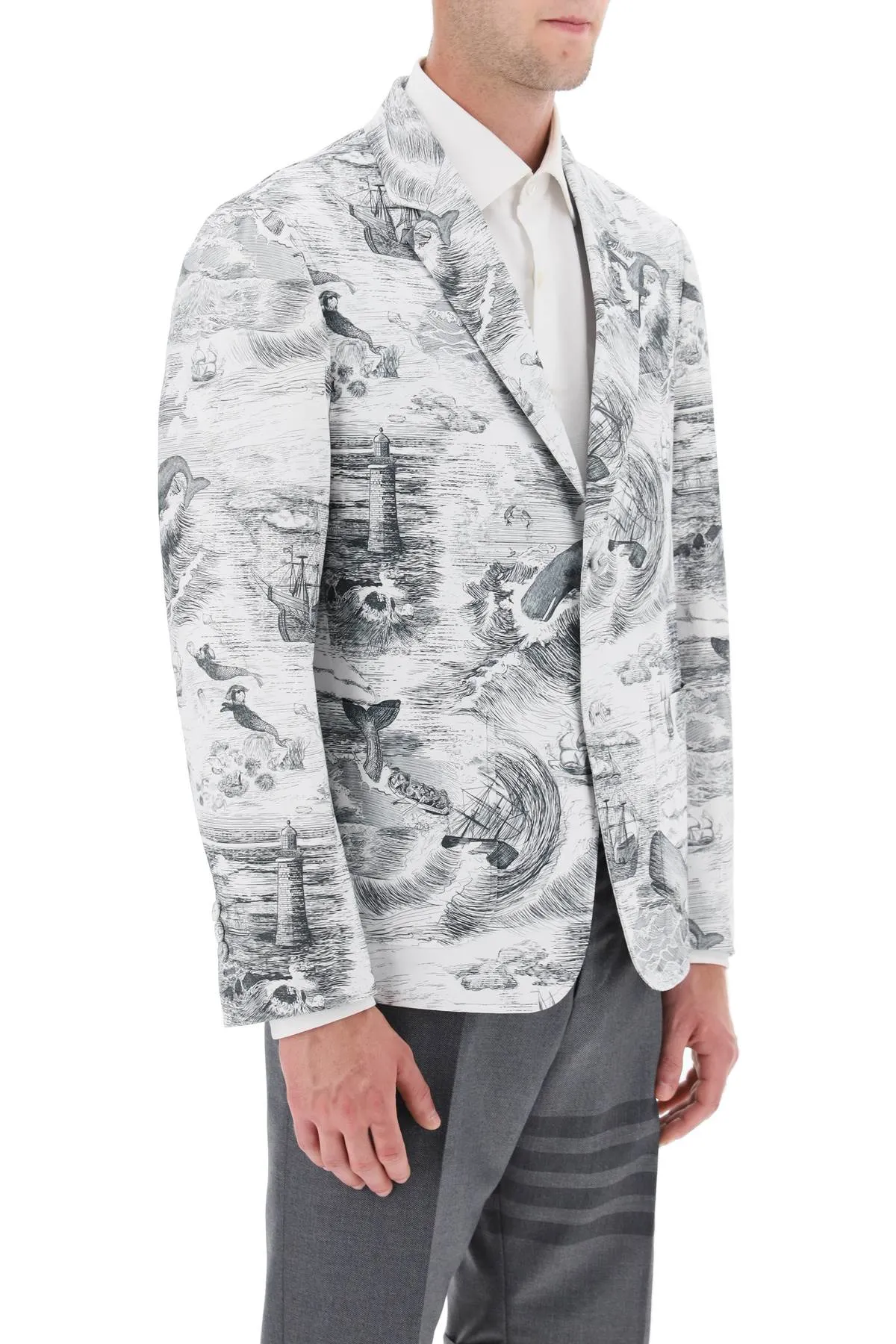 deconstructed single-breasted jacket with nautical toile motif