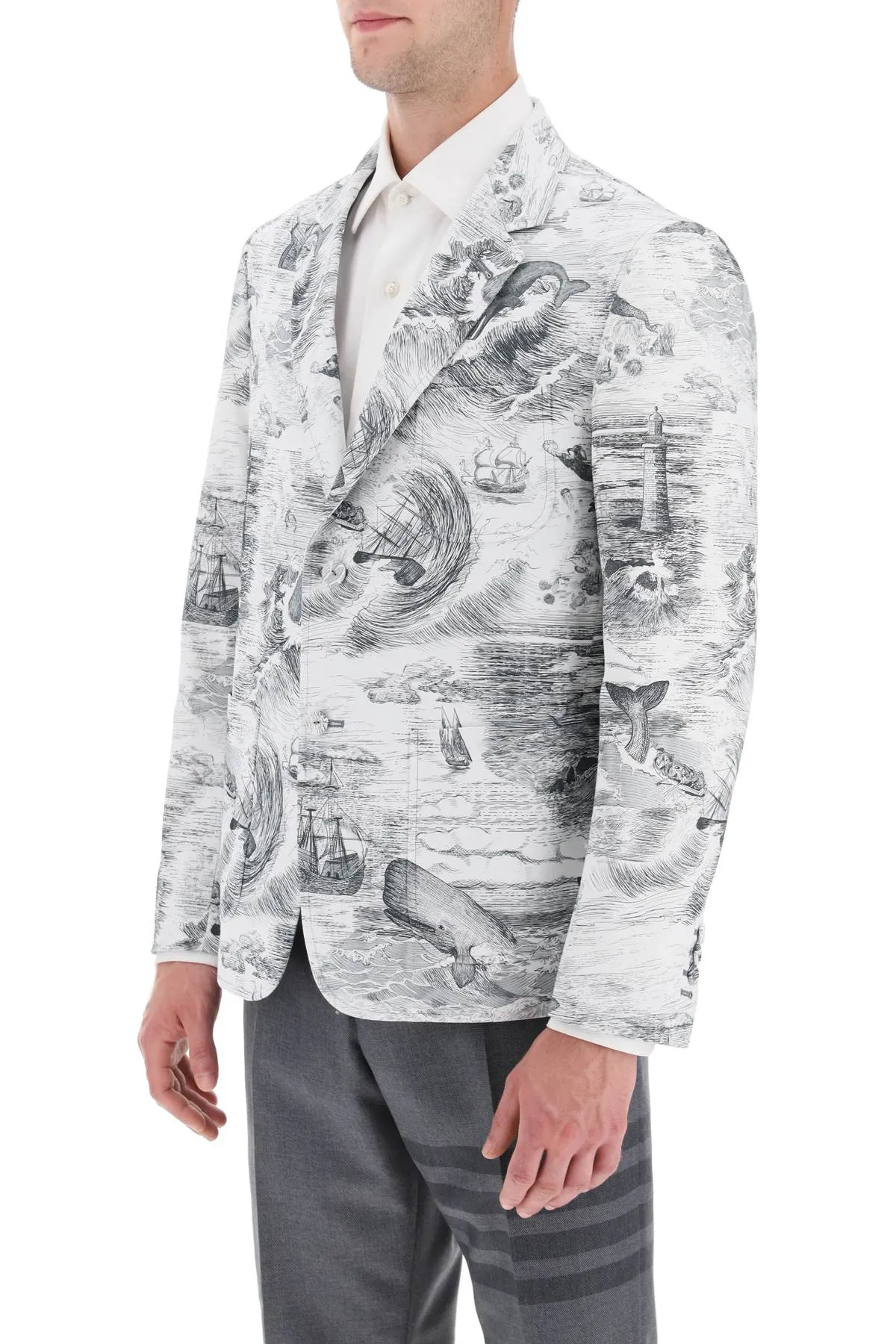 deconstructed single-breasted jacket with nautical toile motif