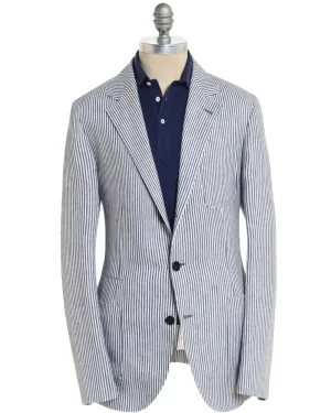 Denim Blue and White Striped Linen Blend Sportcoat