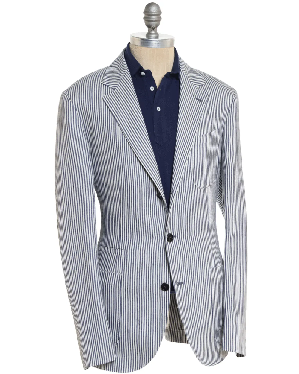 Denim Blue and White Striped Linen Blend Sportcoat
