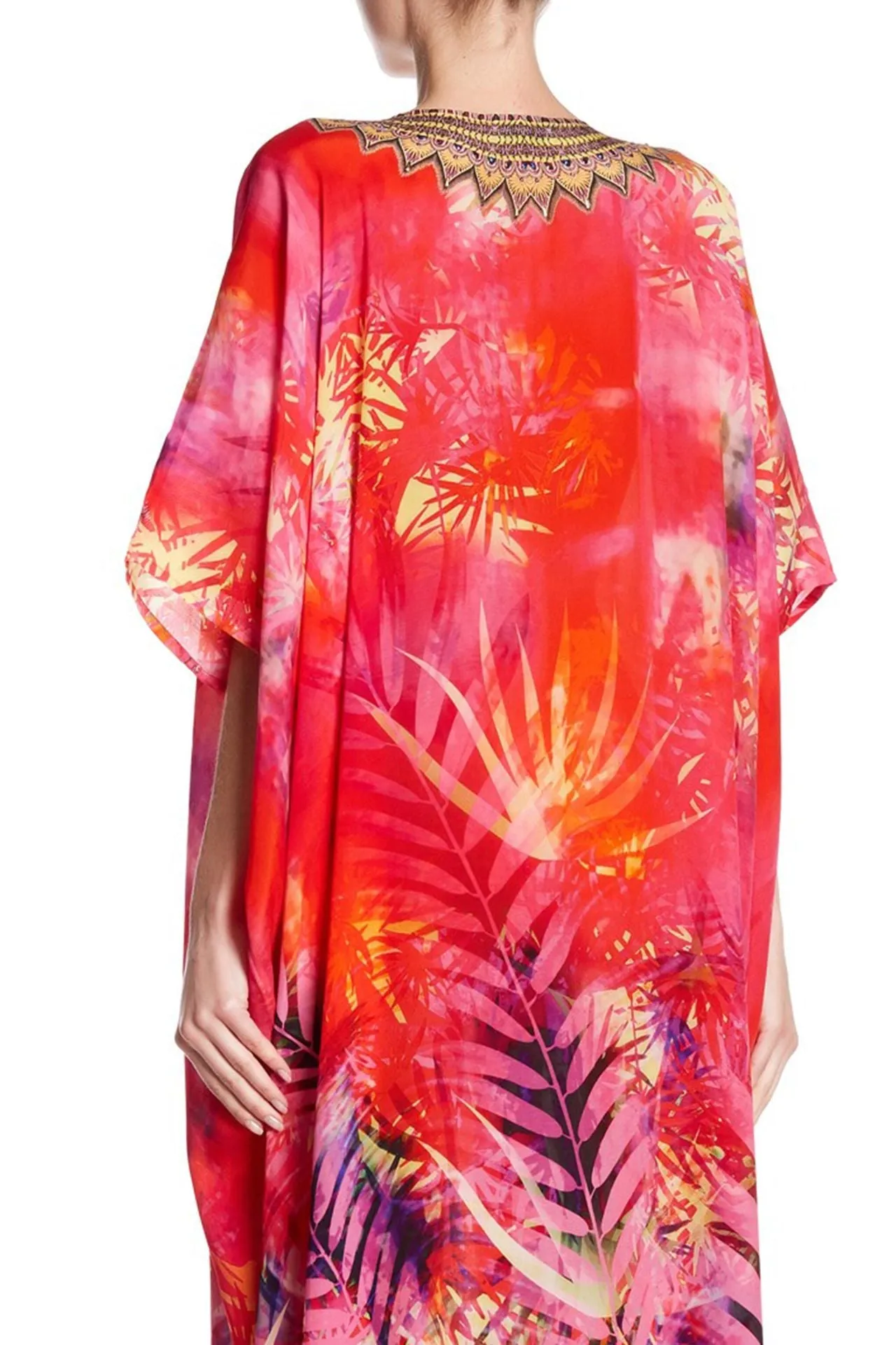 Designer Palm Print short Silk kaftan in red