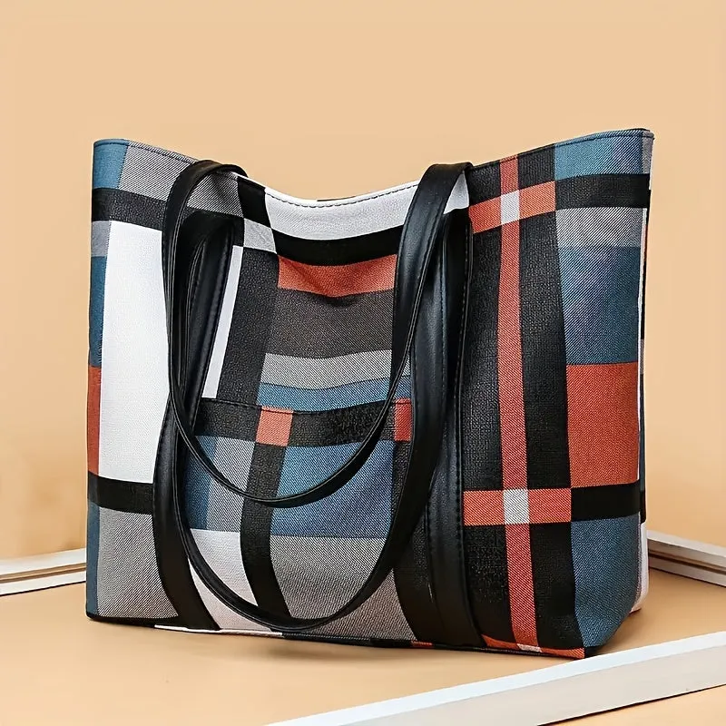 Fashion Plaid Print Tote Bag, Large Capacity Shoulder Bag, Women's Casual Handbag & Hobo Purse For Commute