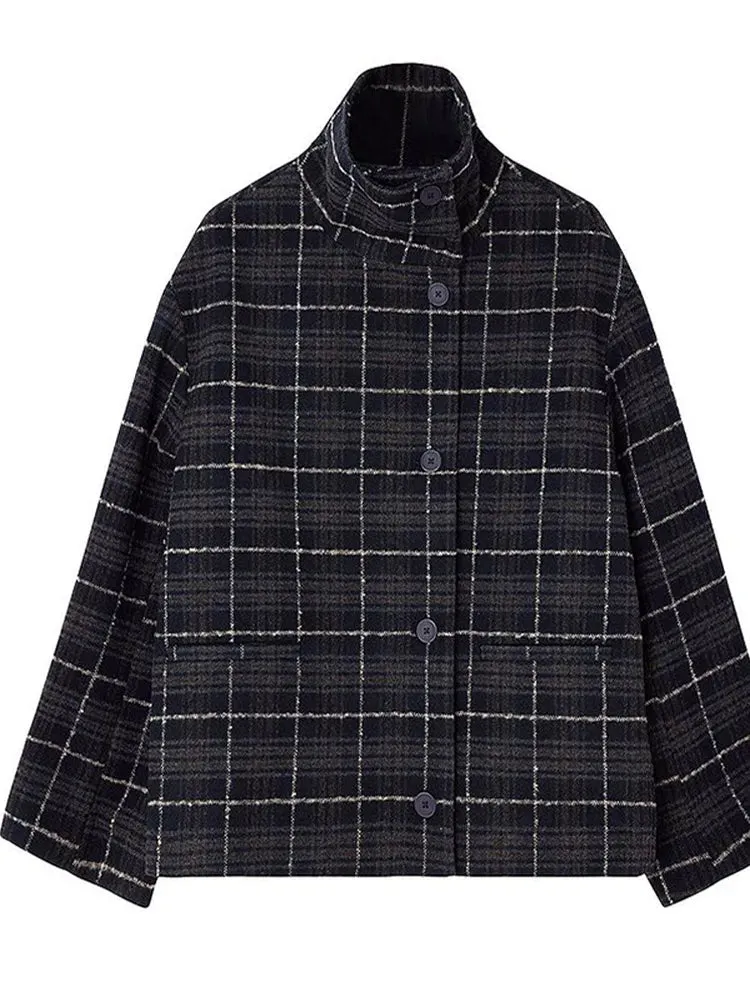 Fashionkova Black Retro Plaid Stand Collar Woman Coat Elegant Single Breasted Full Sleeve Jacket 2024 New Female Autumn Commuter Outerwear