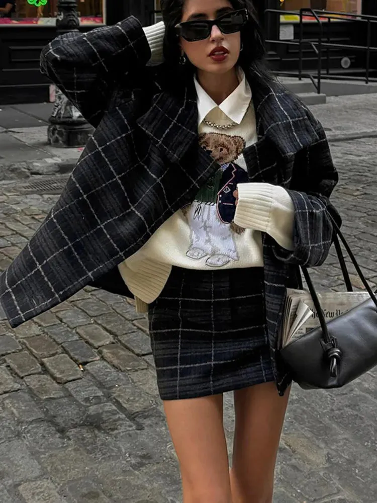Fashionkova Black Retro Plaid Stand Collar Woman Coat Elegant Single Breasted Full Sleeve Jacket 2024 New Female Autumn Commuter Outerwear