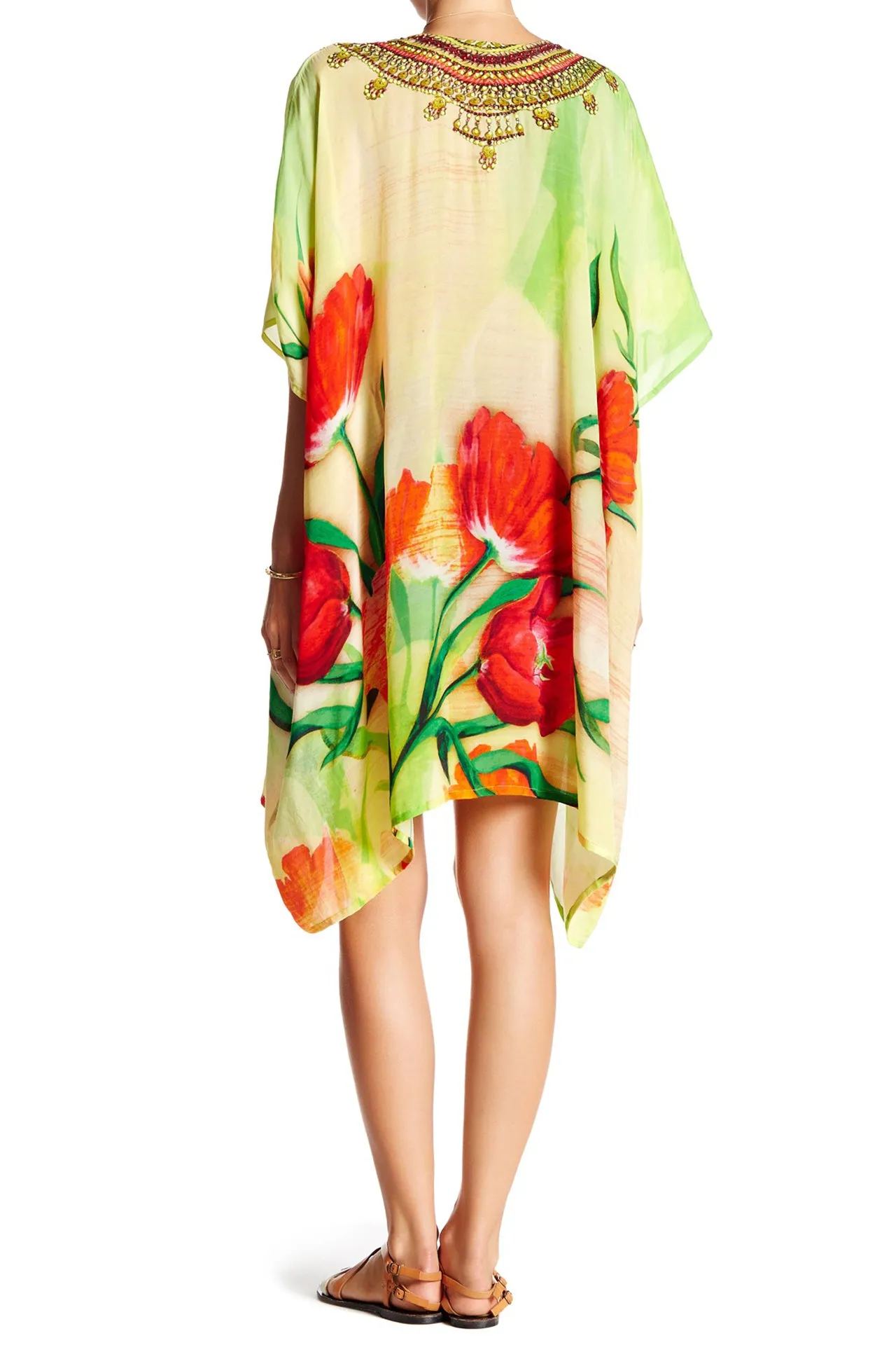 Floral Print Red Short Caftan Dress