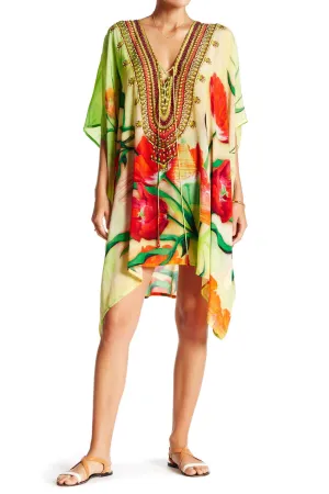 Floral Print Red Short Caftan Dress