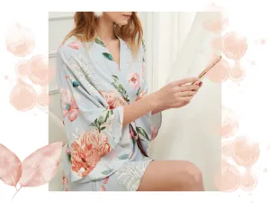 Floral Ruffle Robe | Bridesmaid Robes | Bridal Party Robe| Dusty Blue Cotton Floral Ruffle sleeves Robe| H&C Creations