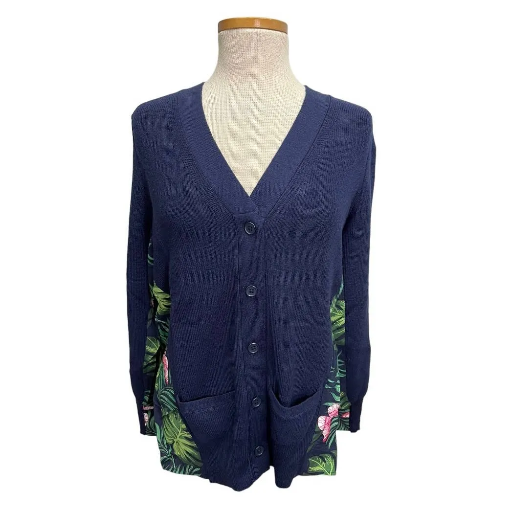 Free People x Sandrine Rose Mixed Media Tropical Print Knit Sweater Small Navy