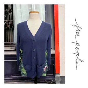 Free People x Sandrine Rose Mixed Media Tropical Print Knit Sweater Small Navy