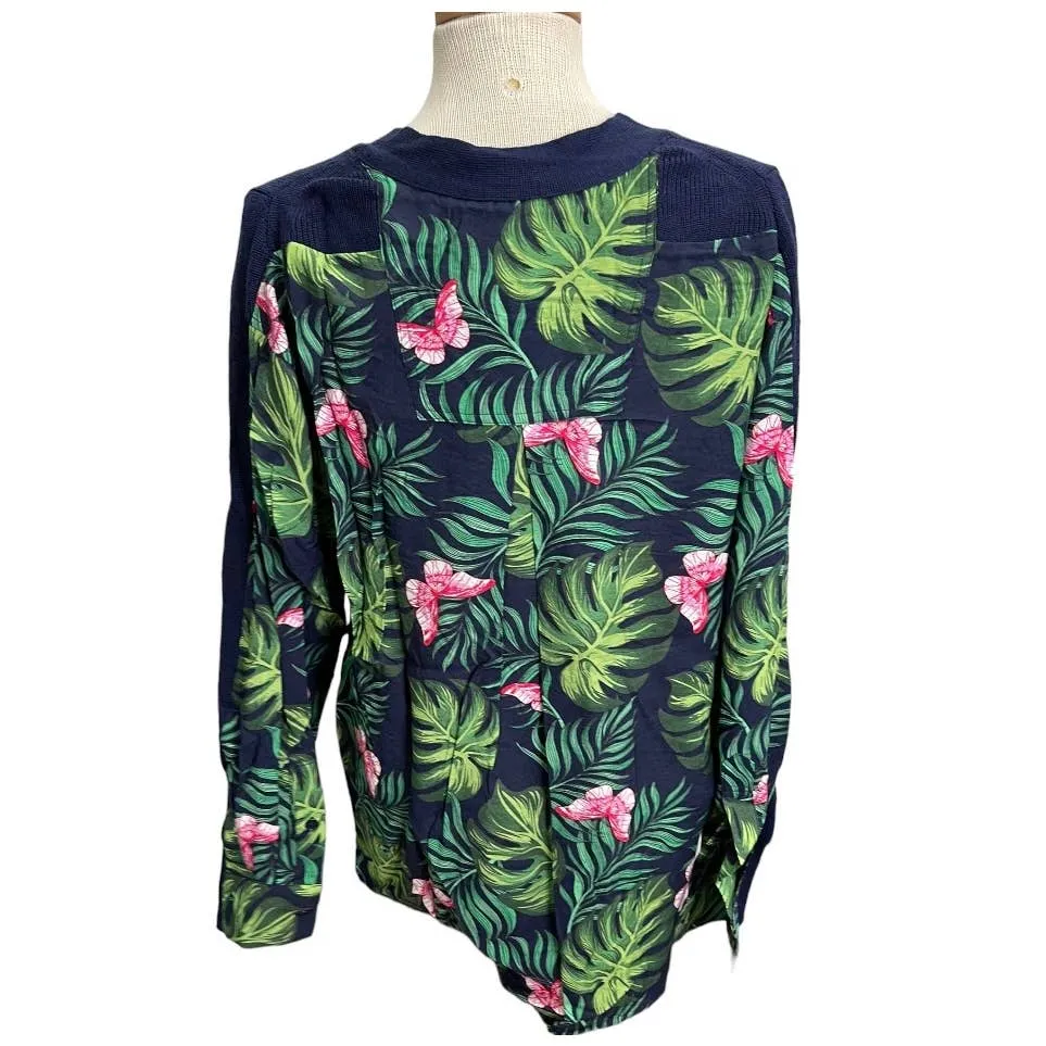 Free People x Sandrine Rose Mixed Media Tropical Print Knit Sweater Small Navy